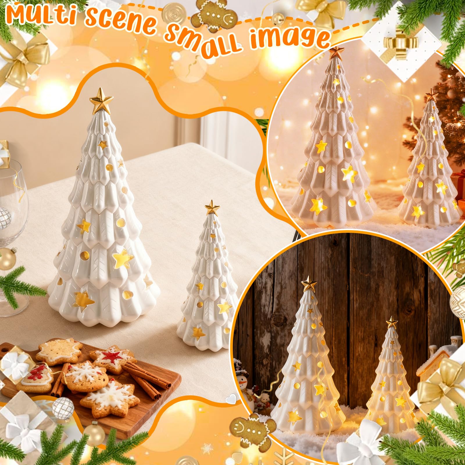 Wowagoga 2 Pcs White Christmas Tree Figurines, Small Xmas Tree with Glossy Finish Table Centerpiece Decor Stars and Dots Cutouts for Home Decoration