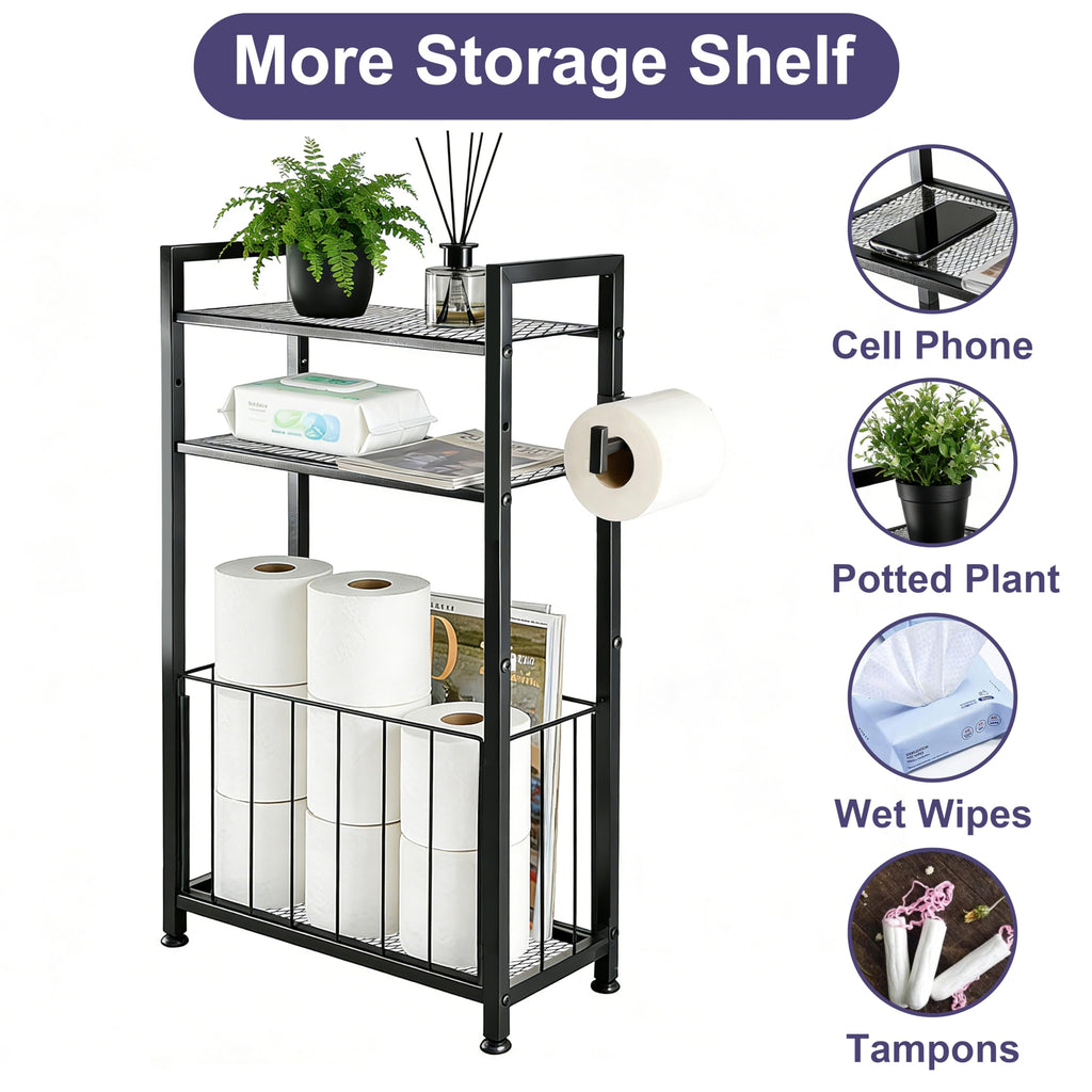 Free Standing Toilet Paper Holder with Shelf, Adjustable Feet Bathroom Toilet Paper Holder Stand for Narrow Space, Roll Dispenser Tissue Holder, Holds Multiple Rolls and Keeps Paper Dry and Clean