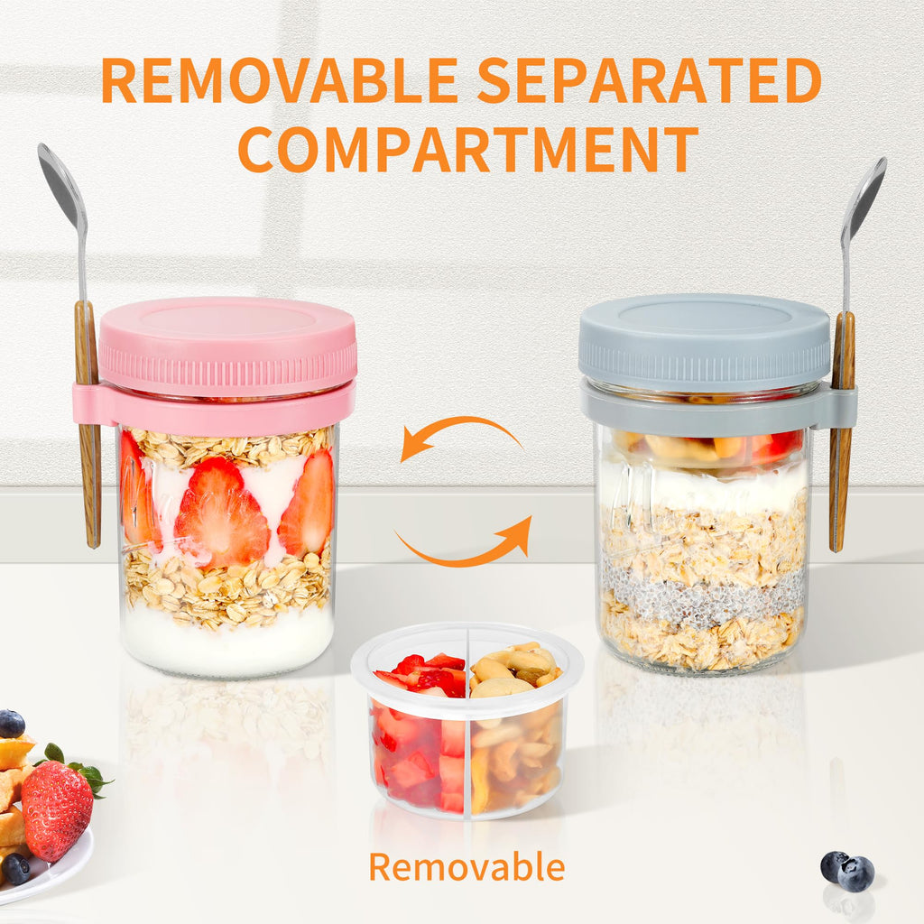 Xyptorix 6 Pack Overnight Oats Containers with Lids and Spoons, 16 oz Mason Jars with Removable Separate Compartments, Airtight and Leak-Proof Glass Jars for Chia Pudding, Yogurt, and Oatmeal