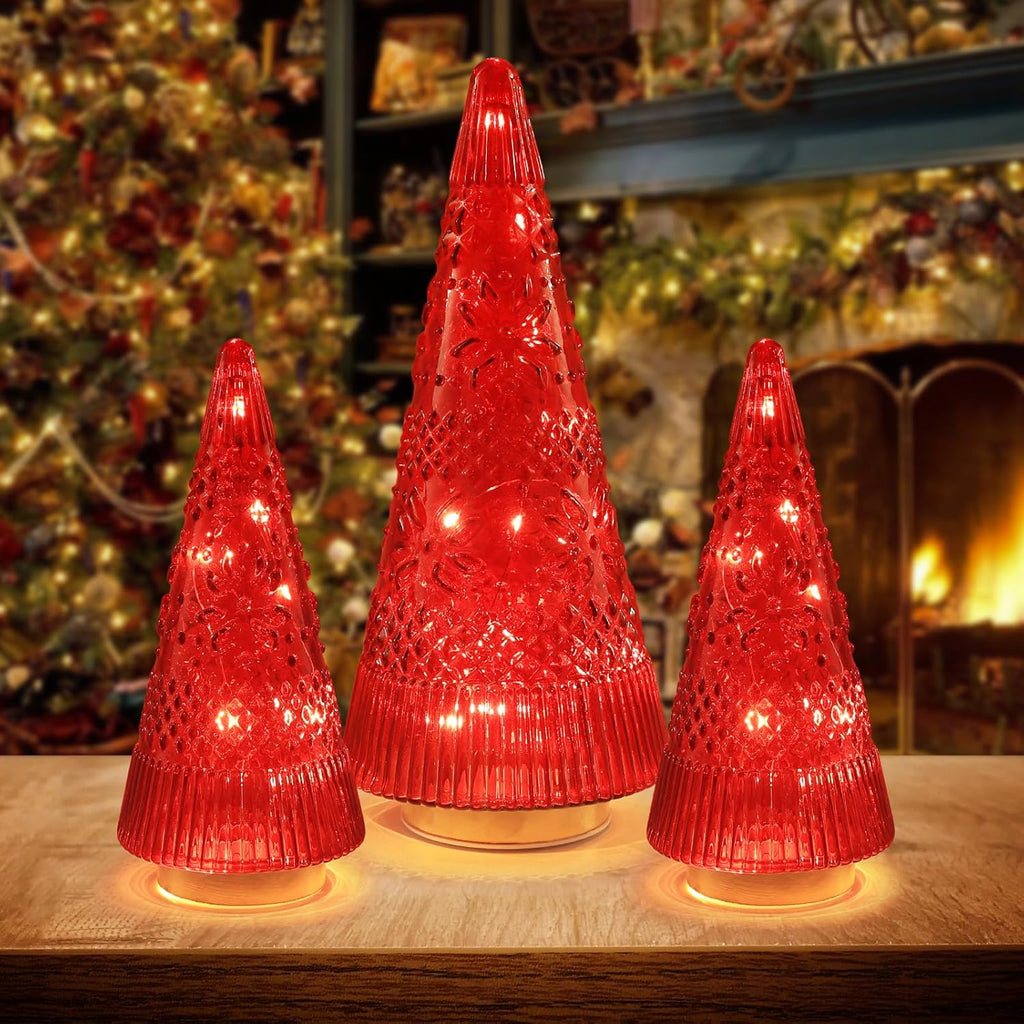 PHITRIC Christmas Tree Centerpieces - 3 PCS Sparkling Glass Decor with LED Lights & Timer | Indoor Holiday Decorations