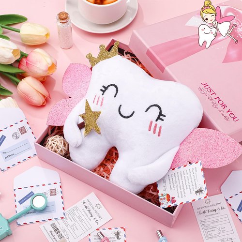Threehoney Tooth Fairy Pillow Kit Includes Toothfairy Pillow with Pocket Fairy Glitter Receipt Envelope Card, Toothfairy Plush Keepsake Gift for Kids Boys Girls Souvenir (Cute Style)