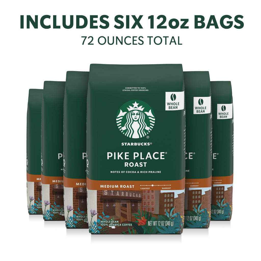 Starbucks Whole Coffee Beans, Medium Roast Hot or Iced Coffee, Pike Place Roast, Six 12 oz Bags