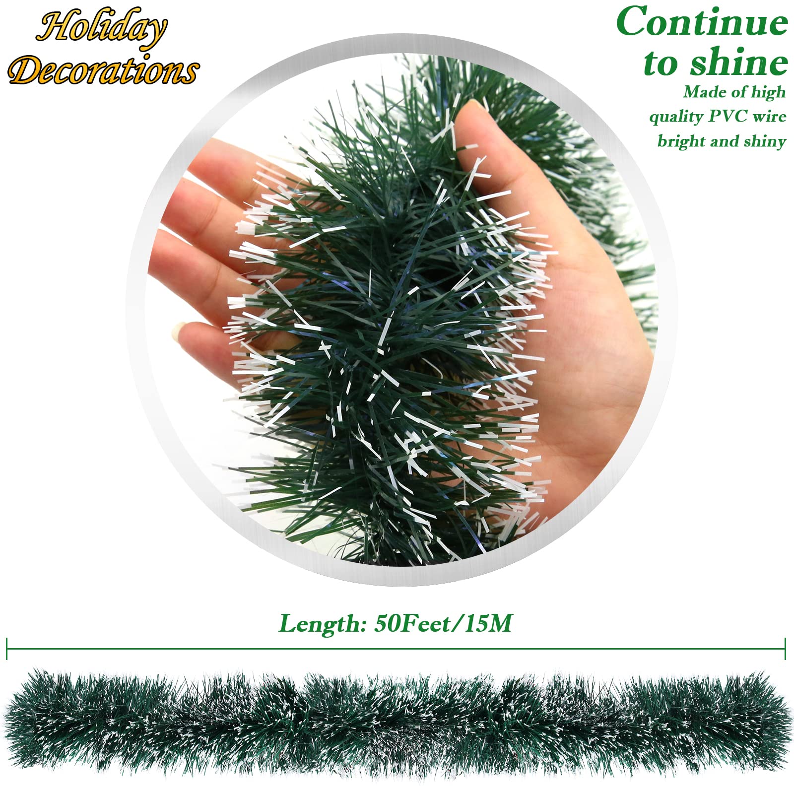 50 Ft Green Christmas Tinsel Garland Metallic Twist Shiny Hanging Garland Decorations for Christmas Tree, Xmas Decor for Holiday Home Party Supplies Indoor Outdoor Decoration