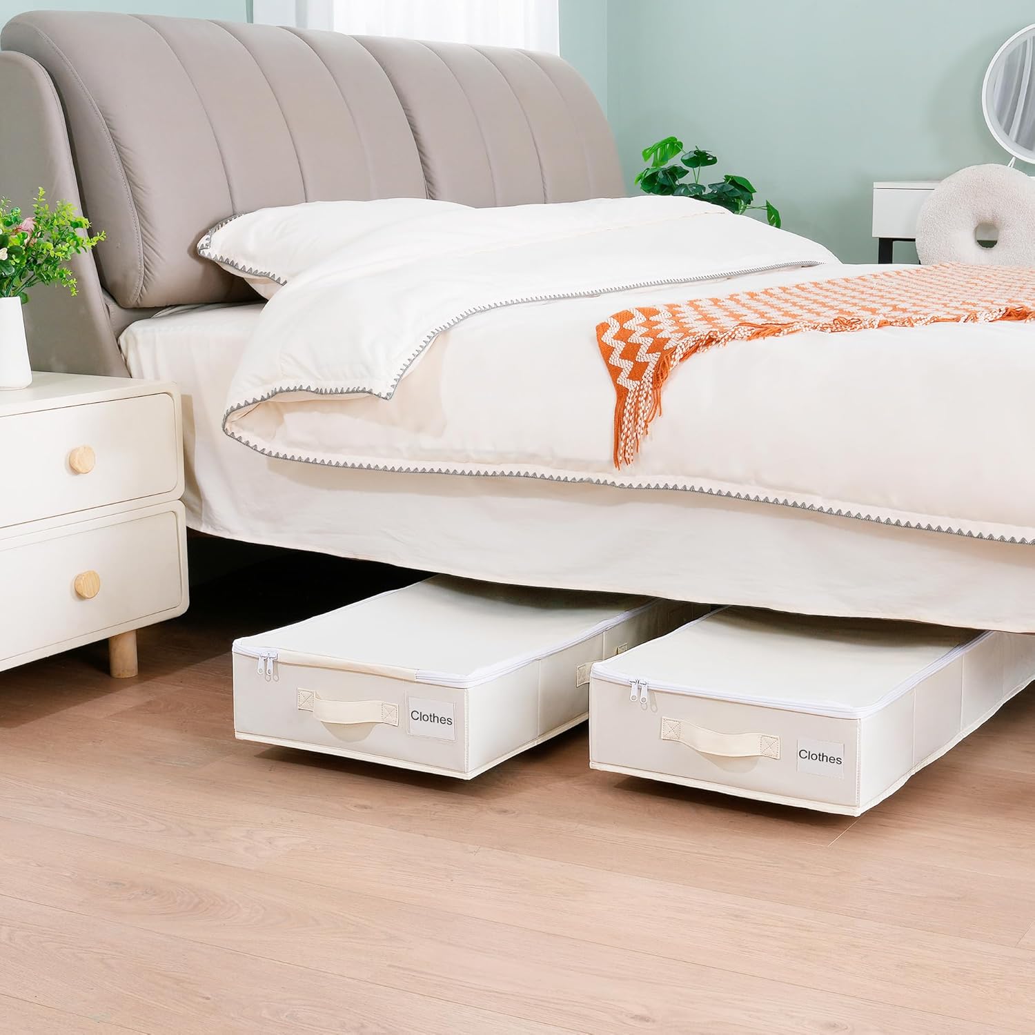 Vincona Under Bed Storage Containers - Rolling 2-Pack with Label Holders for Clothes & Shoes | Beige (30.71x15.7x7.28 in)