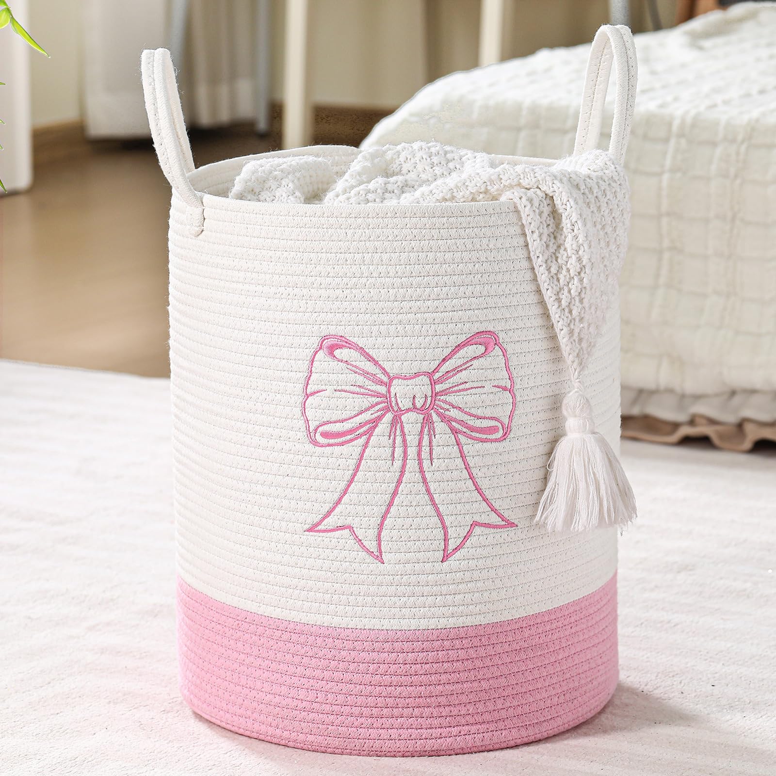 Honeydak 15'' x 18'' Pink Bow Cotton Rope Laundry Basket Hamper Large Laundry Basket Hamper Coquette Bow Room Decor Girls Girly Nursery Storage Bin Tall Round Organizer Blanket Toys Clothes(Bowknot)