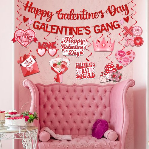 Lenyunge Galentines Day Decor, Galentines Gang Banner & Decorations, Red & Pink Heart Shaped, Leslie Knope Theme
