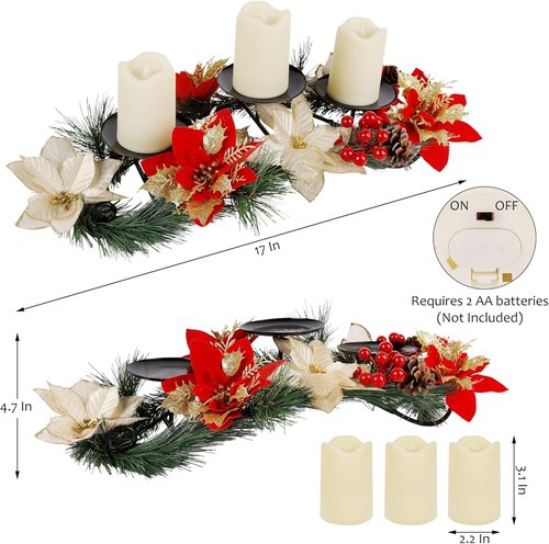 Joliyoou Christmas Tabletop Centerpiece - 17.5" Poinsettia Candle Holder with 3 Battery-Operated Lights