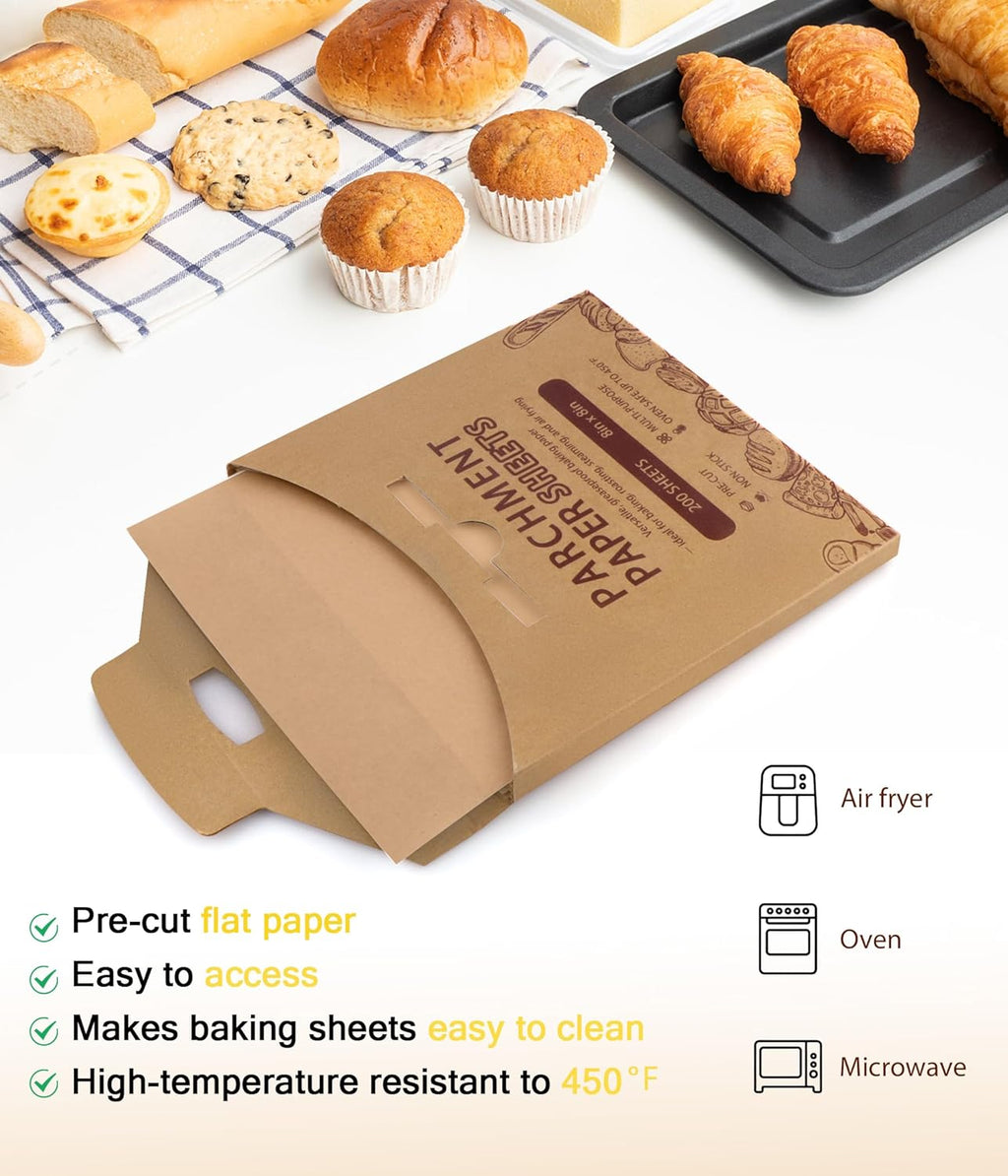 Parchment Paper Sheets - 200 Precut 12x12 Inch Non-Stick Baking Squares | Ideal for Grilling, Air Frying, and Roasting