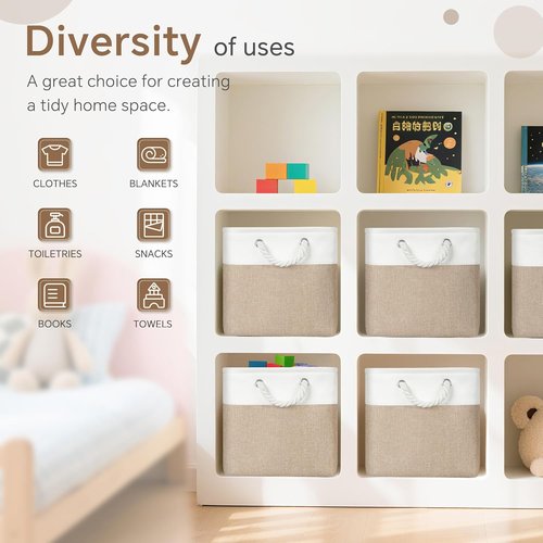 FinishingBo Fabric Storage Cubes - 6 Pack 11x11 Inch Bins with Handles for Home & Office Organization | White/Khaki