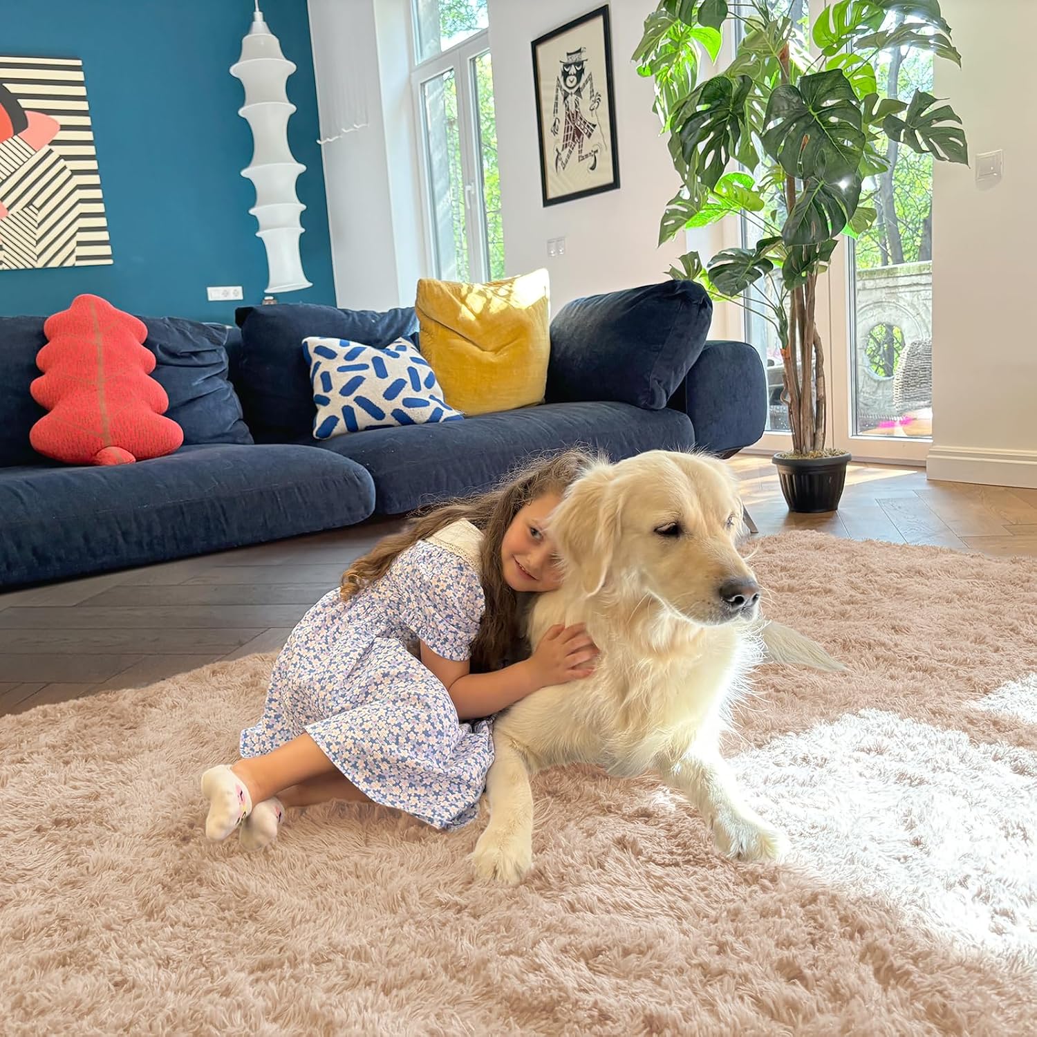 OLANLY Area Rugs - Soft Fluffy Shaggy Indoor Carpet for Living Room & Bedroom | Beige, Machine Washable