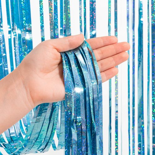 GREATRIL Blue Tinsel Curtain Backdrop - Foil Streamers for Frozen, Mermaid & Baby Parties - Set of 2