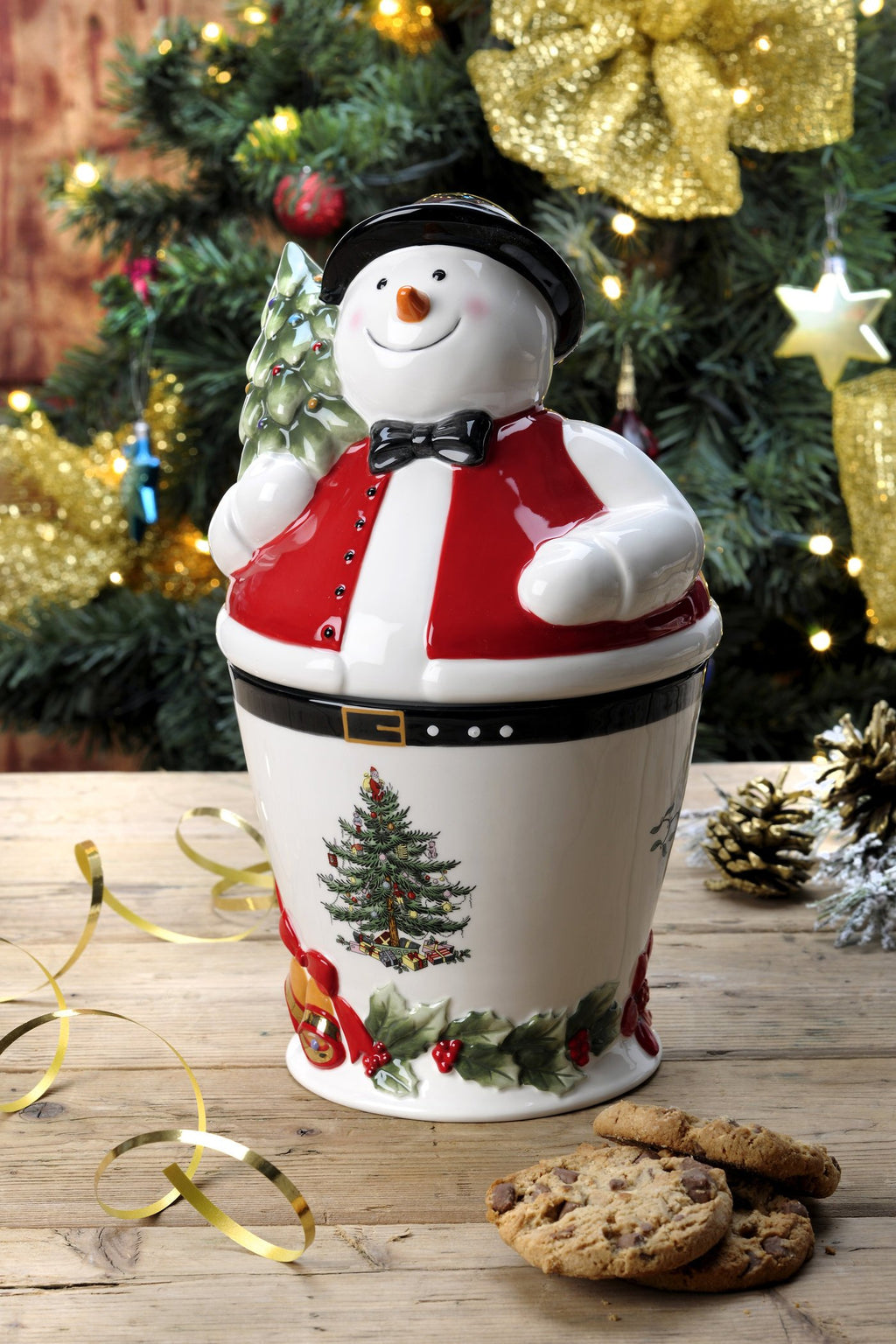 Spode Christmas Tree Mr. Snowman Cookie Jar - 10" Dolomite Christmas Cookie Jar with Lid - Winter-Themed Candy Jar for Kitchen Counter, Holiday Cookie Container, Festive Kitchen Decor, Seasonal Gift