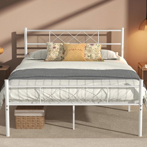 VECELO Full Size Bed Frame with Headboard, Heavy-Duty Platform Bedframe with Strong Metal Slats, No Box Spring Needed, Easy Assembly, White