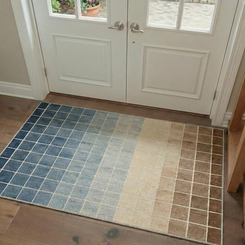 Bavni Runner Rugs - Machine Washable Non-Slip Low Pile | Grid Print Pattern, Blue & Brown, 2x5 ft