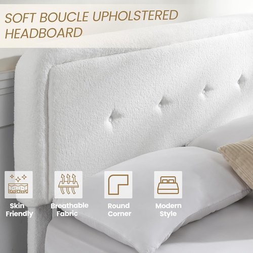 Cloud Bed Frame - Full Size Upholstered Headboard in White | Modern Soft Platform Bed with Easy Assembly