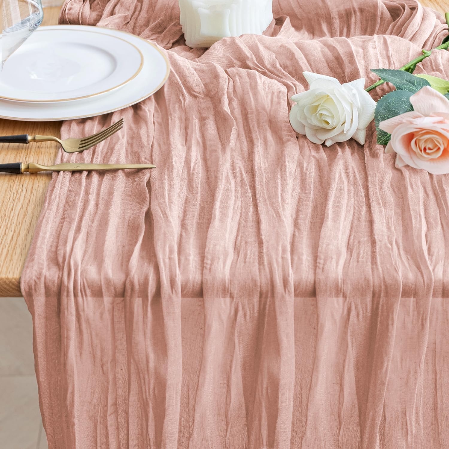 Wokceer Dusty Pink Cheesecloth Table Runner - 10FT Boho Gauze for Easter & Bridal Shower Decor | 120 Inches Long