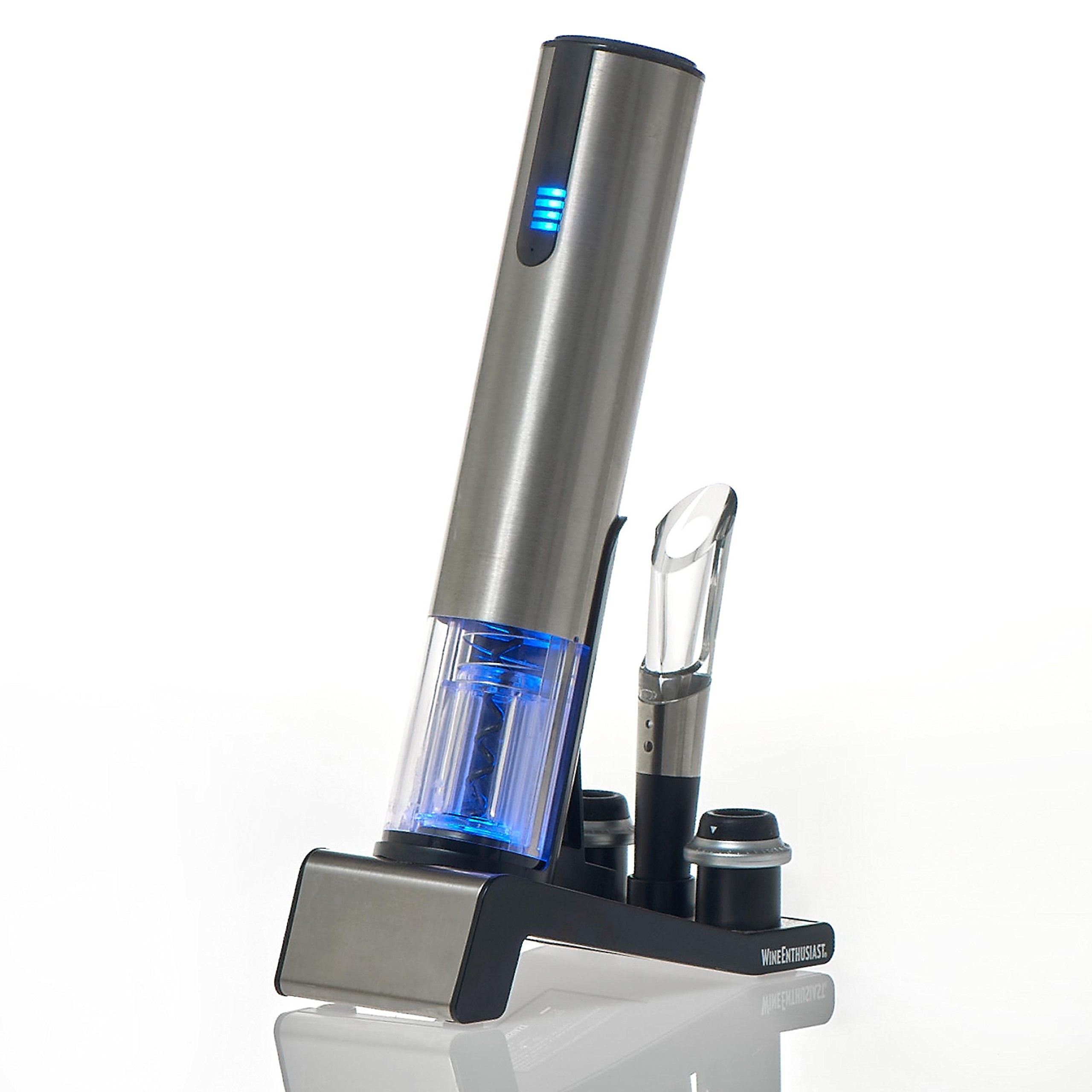 Wine Enthusiast 2-in-1 Electric Blue Automatic Wine Bottle Opener and Preserver Set – Fully Electric Corkscrew with Charging Station – Seal Bottle with Vacuum Stopper (7 Piece Set)