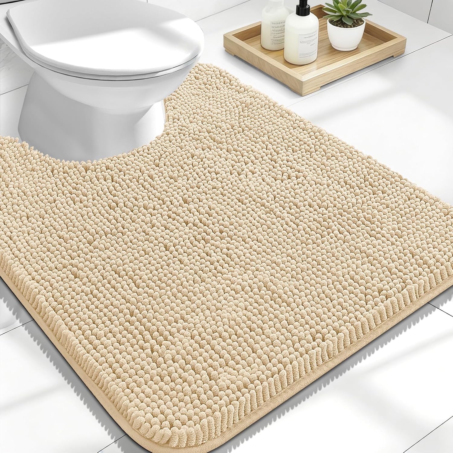 OLANLY U-Shaped Toilet Rug - Extra Soft Chenille Bath Mat, Quick-Dry & Machine Washable, 24x20, Beige