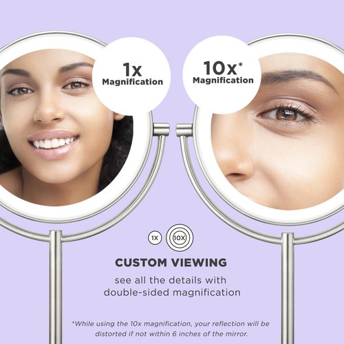 Conair Lighted Makeup Mirror, Double-Sided LED Vanity Mirror with 1X/10X Magnification, 3 Light Settings, 3 Modes, 360° Rotation, Satin Nickel Finish