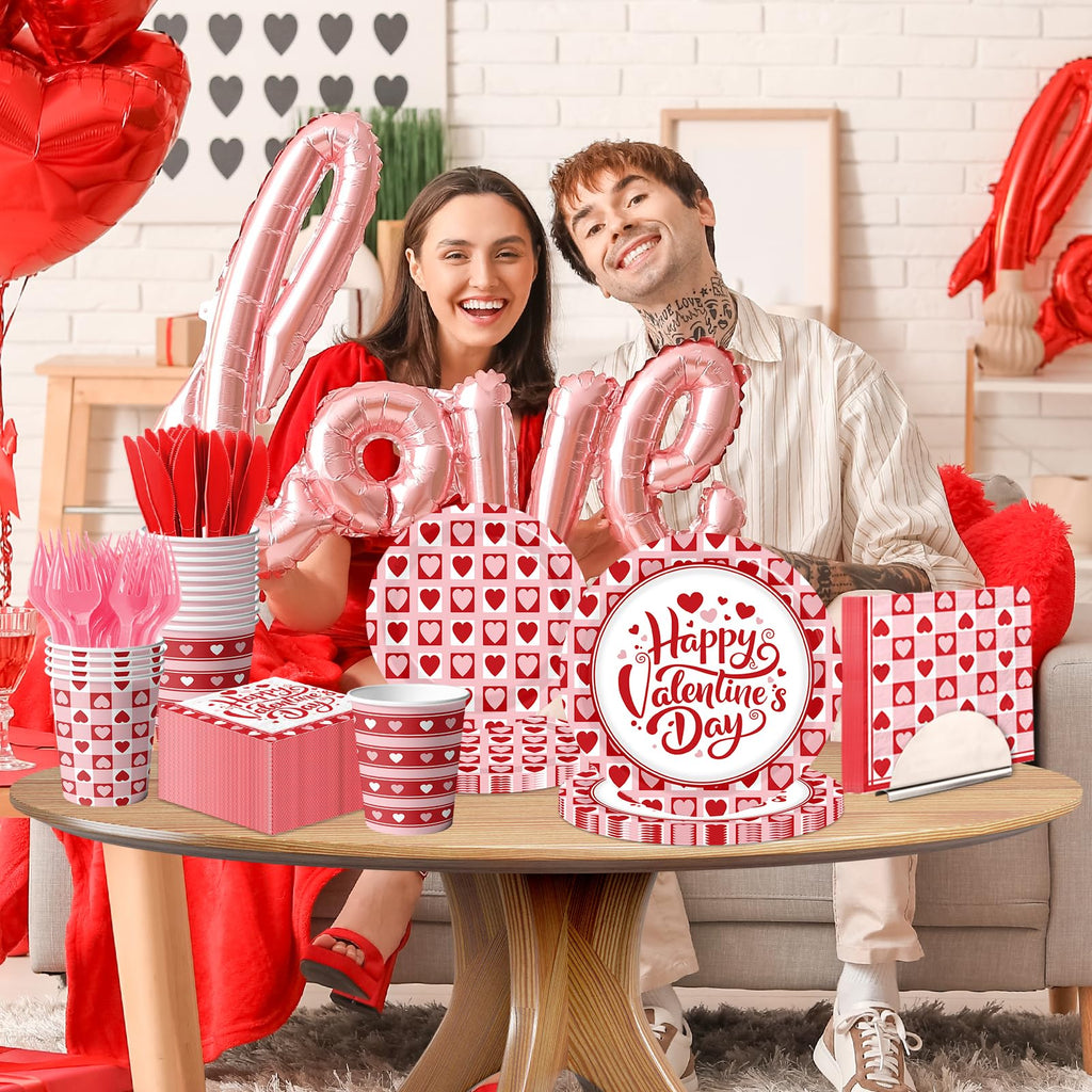 144Pcs Valentine's Day Party Plates and Napkins,Valentines Day Party Supplies Red Pink Love Heart Valentines Day Theme Tableware Set for Valentine Birthday Wedding Serve 24