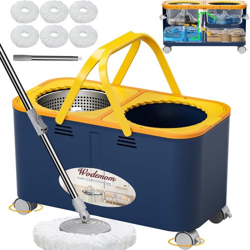 Compact Spin Mop by [Brand Name] - 360° Swivel Wheels, Clean & Dirty Water System, 6 Reusable Mop Heads | Blue/Yellow