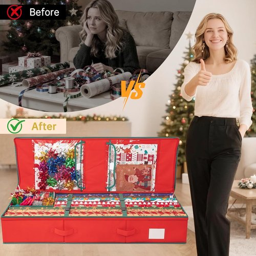 Criusia Gift Wrapping Paper Organizer - Durable Underbed Storage for 24 Rolls with Removable Dividers & Pockets | Red