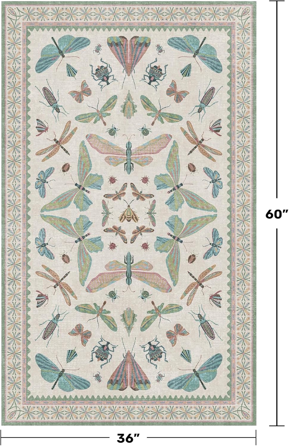 Regine Switzerland Washable Sage Green Large Entryway Rug - Non-Slip Vintage Floral Design, 3x5
