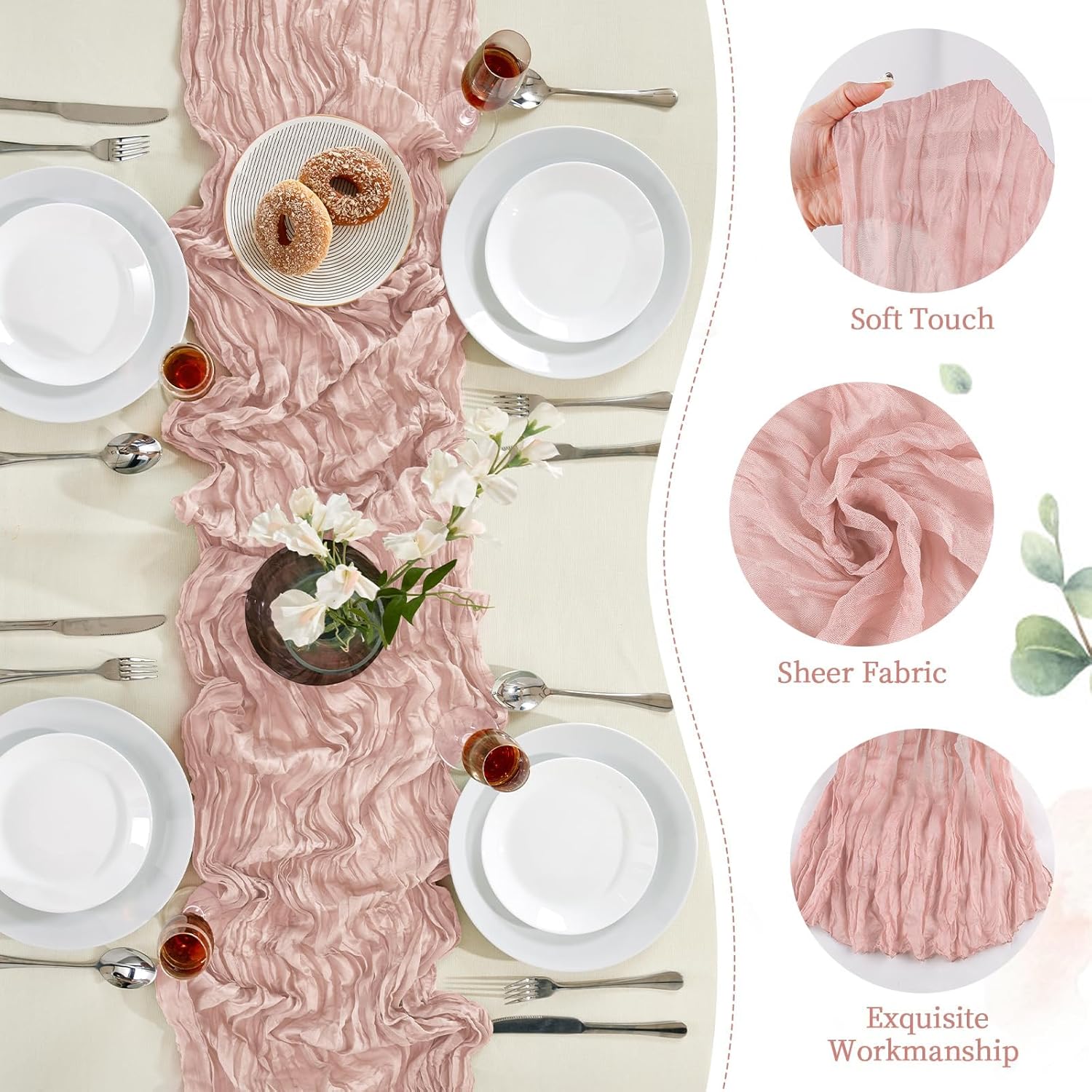 Skiennix Dusty Pink Cheesecloth Table Runner - 10FT Long Rustic Sheer Decor for Weddings & Events
