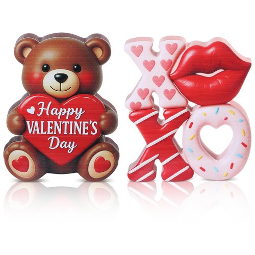 Wesiti 2 Pcs Valentines Day Wooden Bear Decorations Bear Figurines XOXO Tabletop Happy Valentine's Day Table Centerpiece Decorations for Home Indoor Anniversary Wedding Decor Gifts for Him Her
