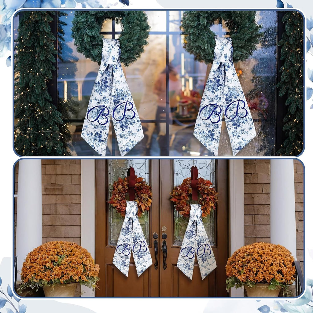 Mindsoft Monogram Wreath Sashes - Embroidered Letter B Chinoiserie Design | 56.2 Inch Blue & White Door Decor