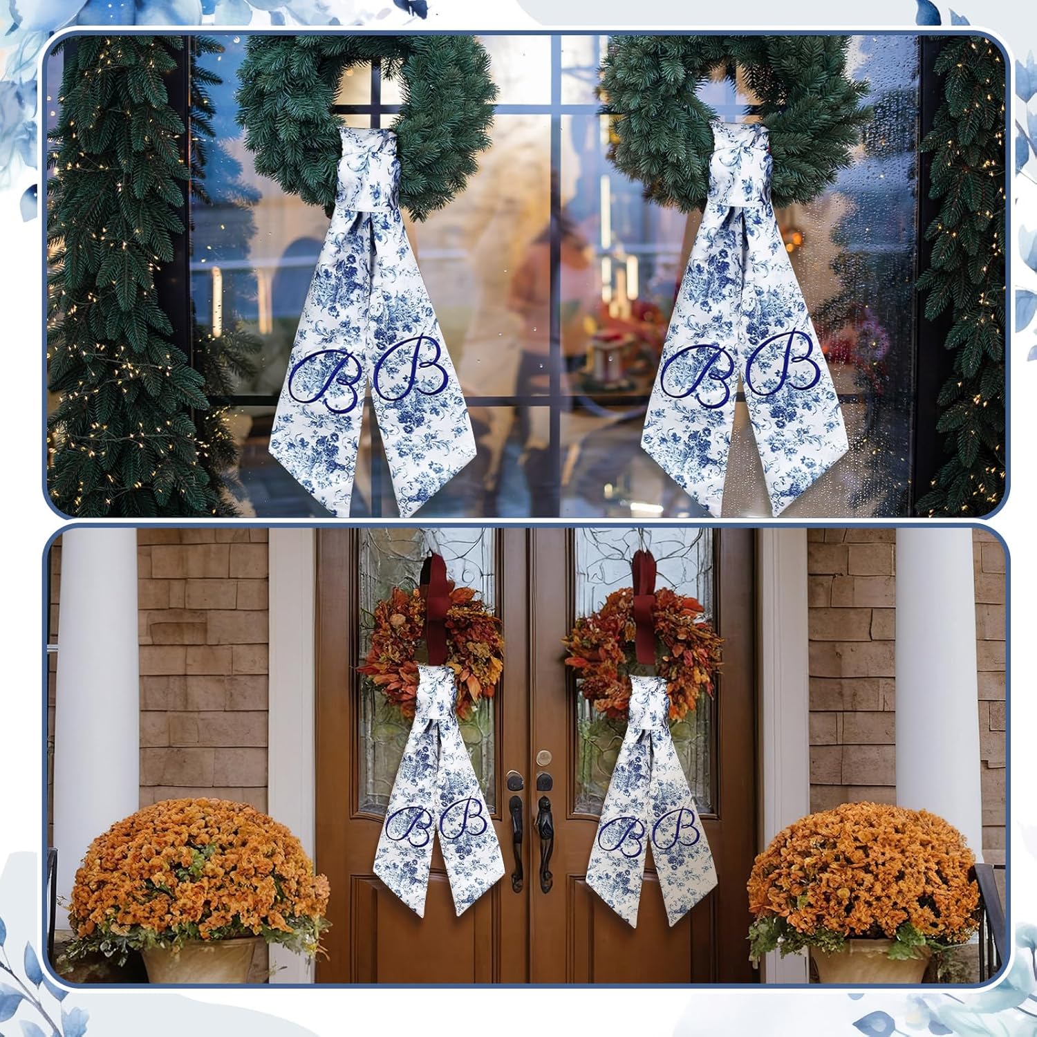 Mindsoft Monogram Wreath Sashes - Embroidered Letter B Chinoiserie Design | 56.2 Inch Blue & White Door Decor