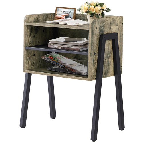 VECELO Night Stand Industrial End Table,Bedside Table with 2-Tier Open Storage Compartments,Wood Side Table with Metal Frame for Bedroom, Living Room and Small Spaces