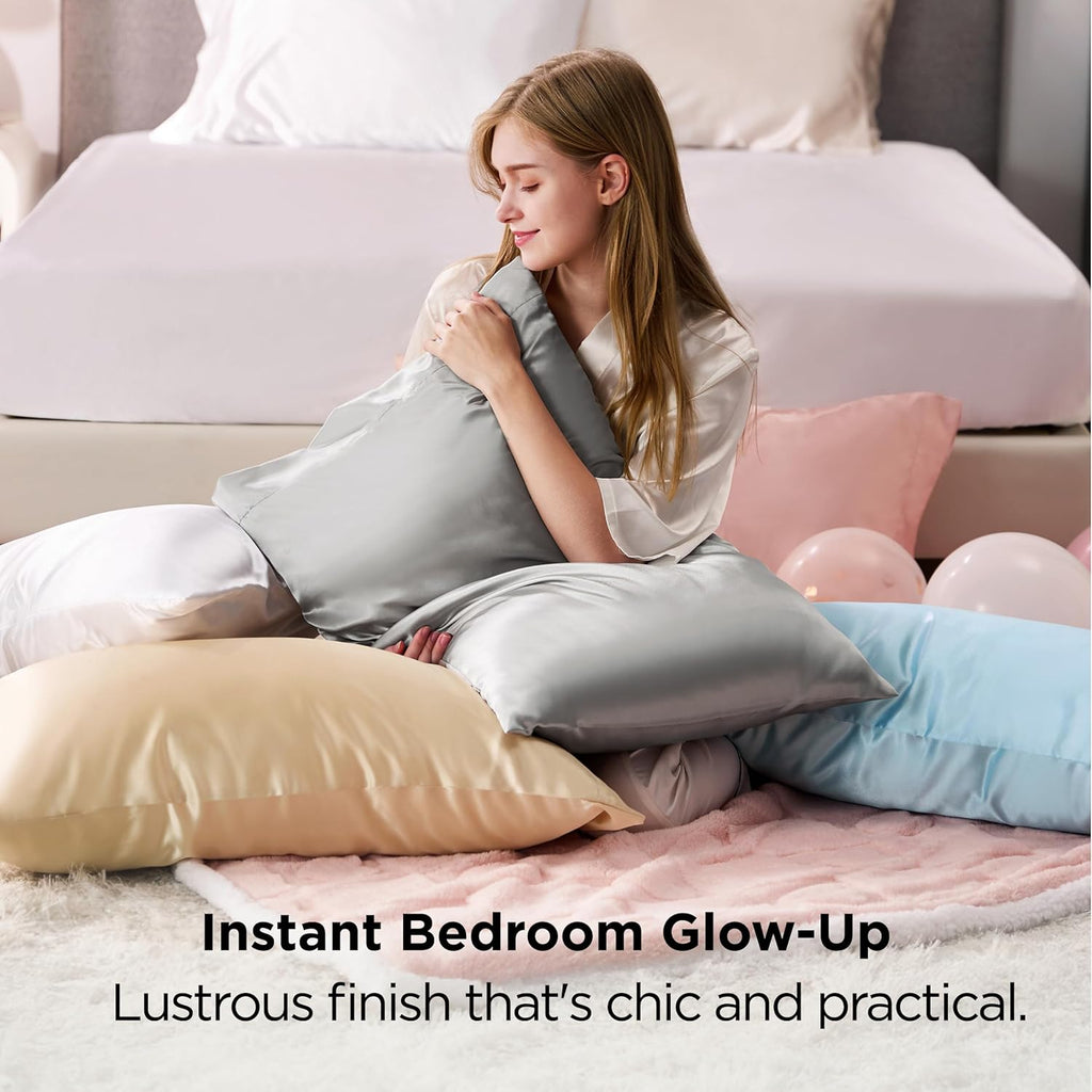 Bedsure Satin Pillowcases - Luxurious Silk-Like Queen Size Set of 2 | Pure White Cooling Pillow Cases, 20x30 Inches