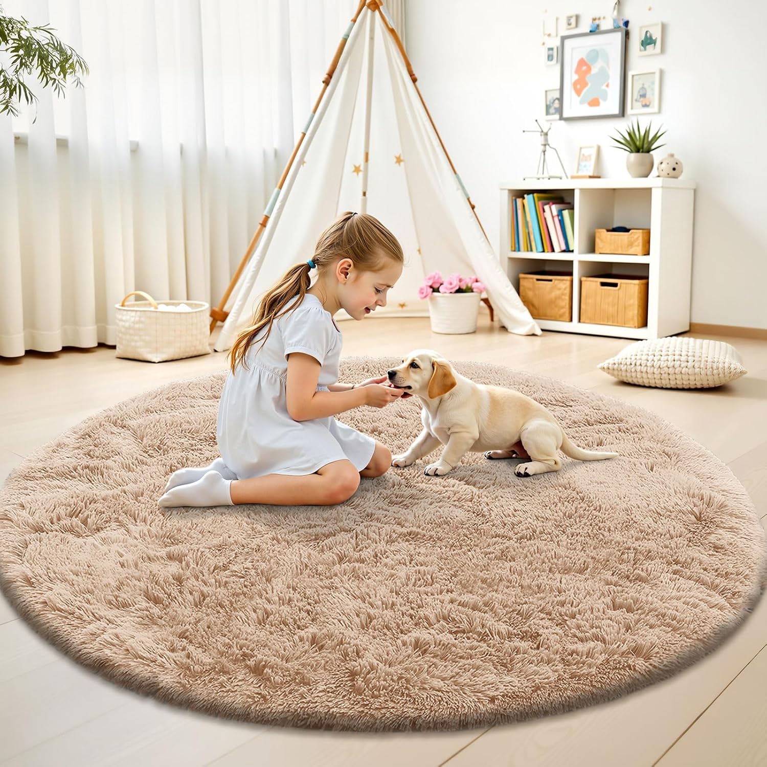 OLANLY Round Beige Area Rug - Soft, Fluffy, Machine Washable 9 ft Circle Carpet for Bedrooms & Living Rooms