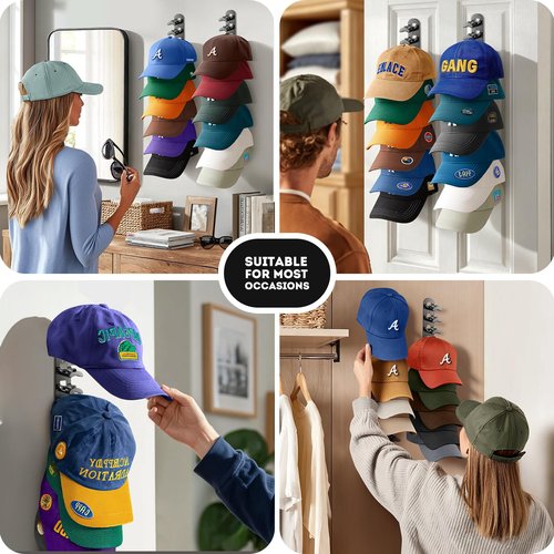 2 Pack Hat Organizer for Baseball Caps, Hat Rack for Wall Hold Up to 20 Hats, Hat Holder with Strong Adhesive and Screws, Hat Organizer Wall Mounted Hat Hanger Display for Door Closet Bedroom(B-Black)