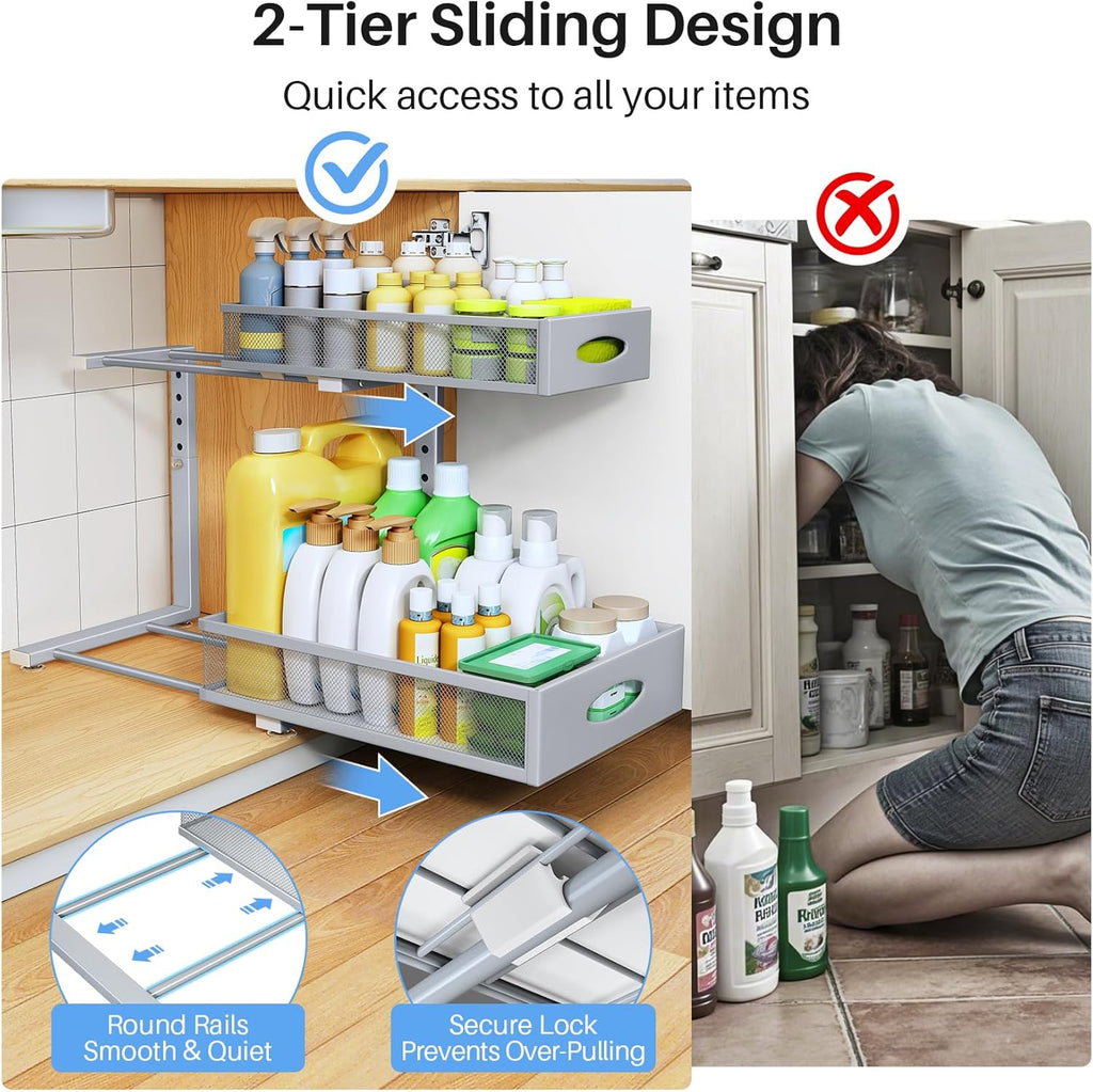Under Sink Organizer by [Brand Name] - 2 Pack 2 Tier Pull Out Cabinet Storage with Mesh Drawers | Grey