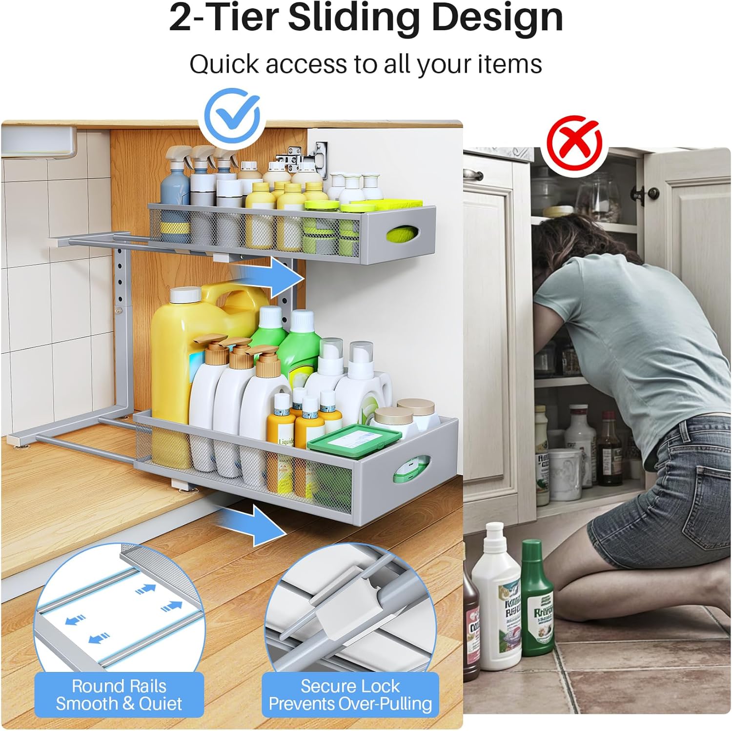 Under Sink Organizer by [Brand Name] - 2 Pack 2 Tier Pull Out Cabinet Storage with Mesh Drawers | Grey