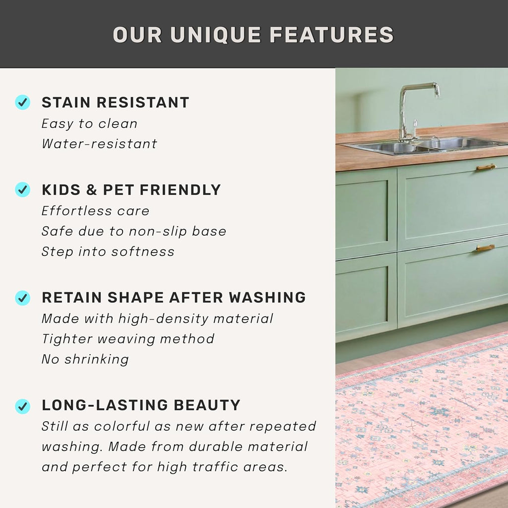 Oushak Rugs | Washable Pink & Blue 8x10 Area Rug - Soft Faux Wool, Modern Floral Design, Non-Slip