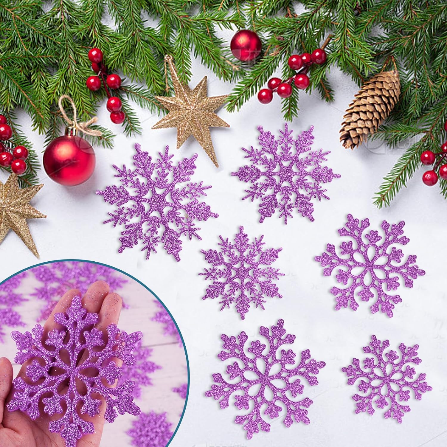 Skiennix 36pcs Christmas Light Purple Snowflake Ornaments - Plastic Hanging Decor for Winter Wonderland