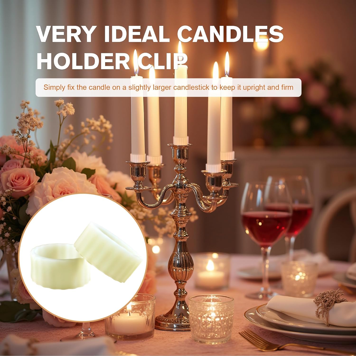 Skiennix Silicone Candle Grippers - 10-Pack Taper Candle Holders | Stay Put Design for Weddings & Home Decor (White)