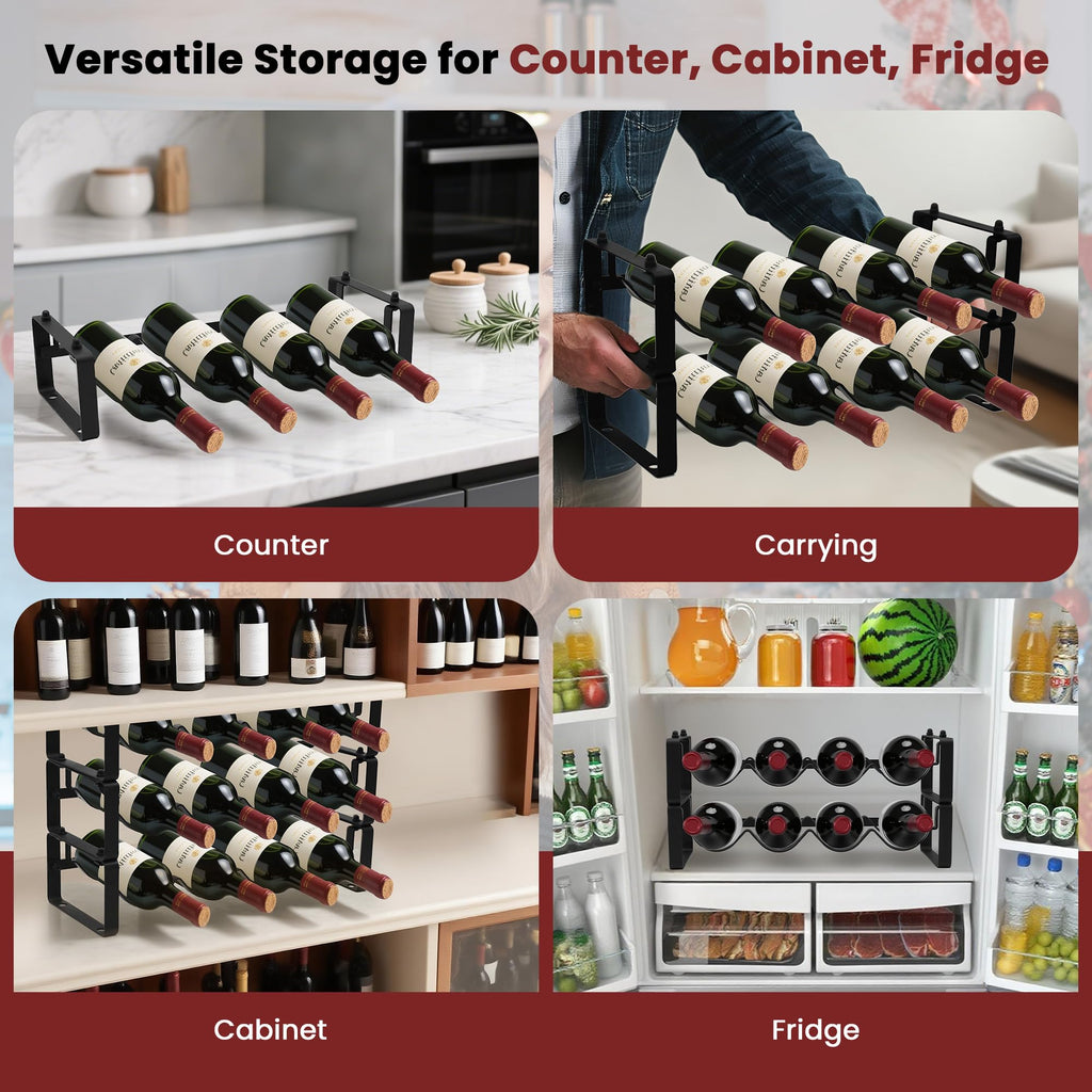 STAEVER Black Wine Rack for 12 Bottles – Stackable & Expandable Metal Wine Bottle Holder for Bar Counter, Cabinet, Pantry, or Small Spaces – Modern Freestanding Wine Storage Shelf (3 Tier, Black)