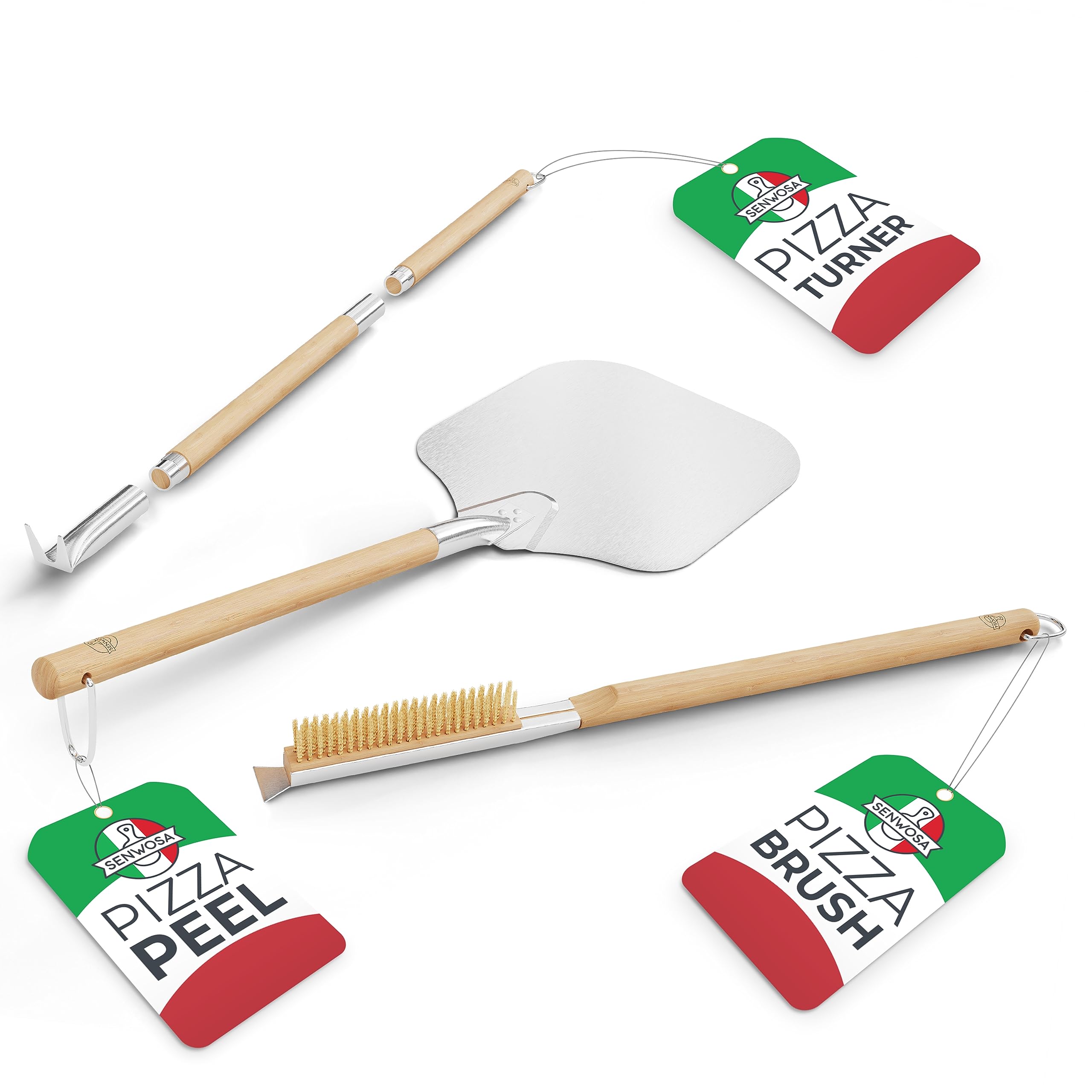 Senwosa Pizza Oven Accessories Set - 3 Piece Pizza Making Kit with Pizza Peel, Pizza Oven & Stone Brush with Scraper, Turning Fork & Bubble Popper - Tools for Indoor Outdoor Brick Wood Gas Ovens