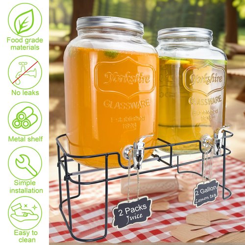 2 Gallon Larger Glass Drink Dispenser for Parties, 2 Packs Juice Lemonade Ice Tea Water Dispenser with Stand, HENABLE Beverage Dispensers with Spigot for BBQ, Picnic, Party