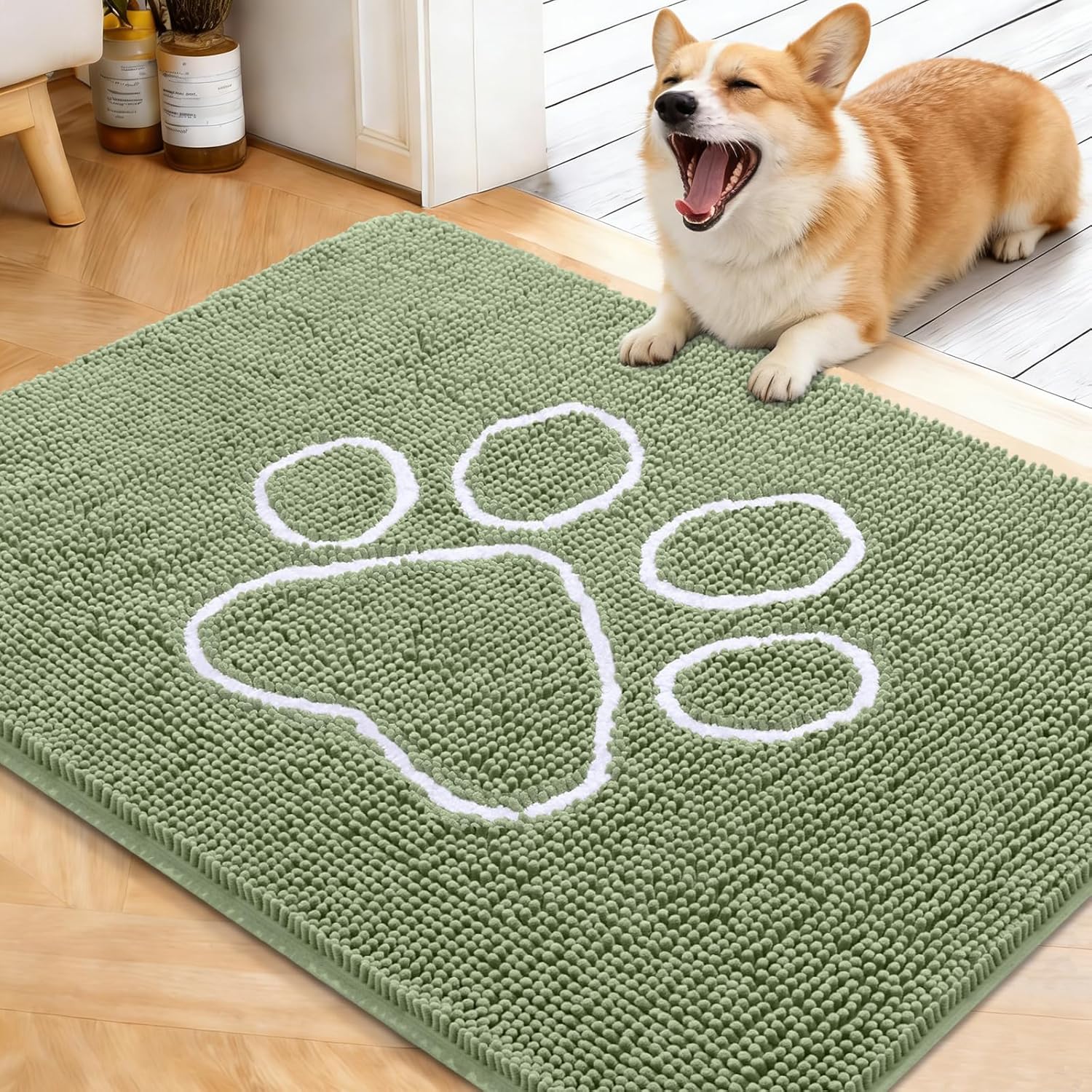 OLANLY Dog Door Mat - Absorbent Muddy Paws Doormat | Non-Slip Chenille, 40x32, Sage Green