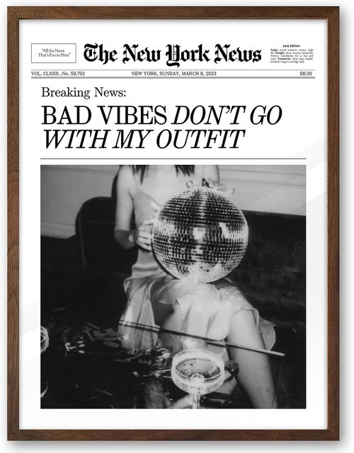 EcoHest Framed Wall Art - Bad Vibes Don't Go With My Outfit | 12x16 in Walnut OAK Wood, Retro Decor for Bedroom & Living Room