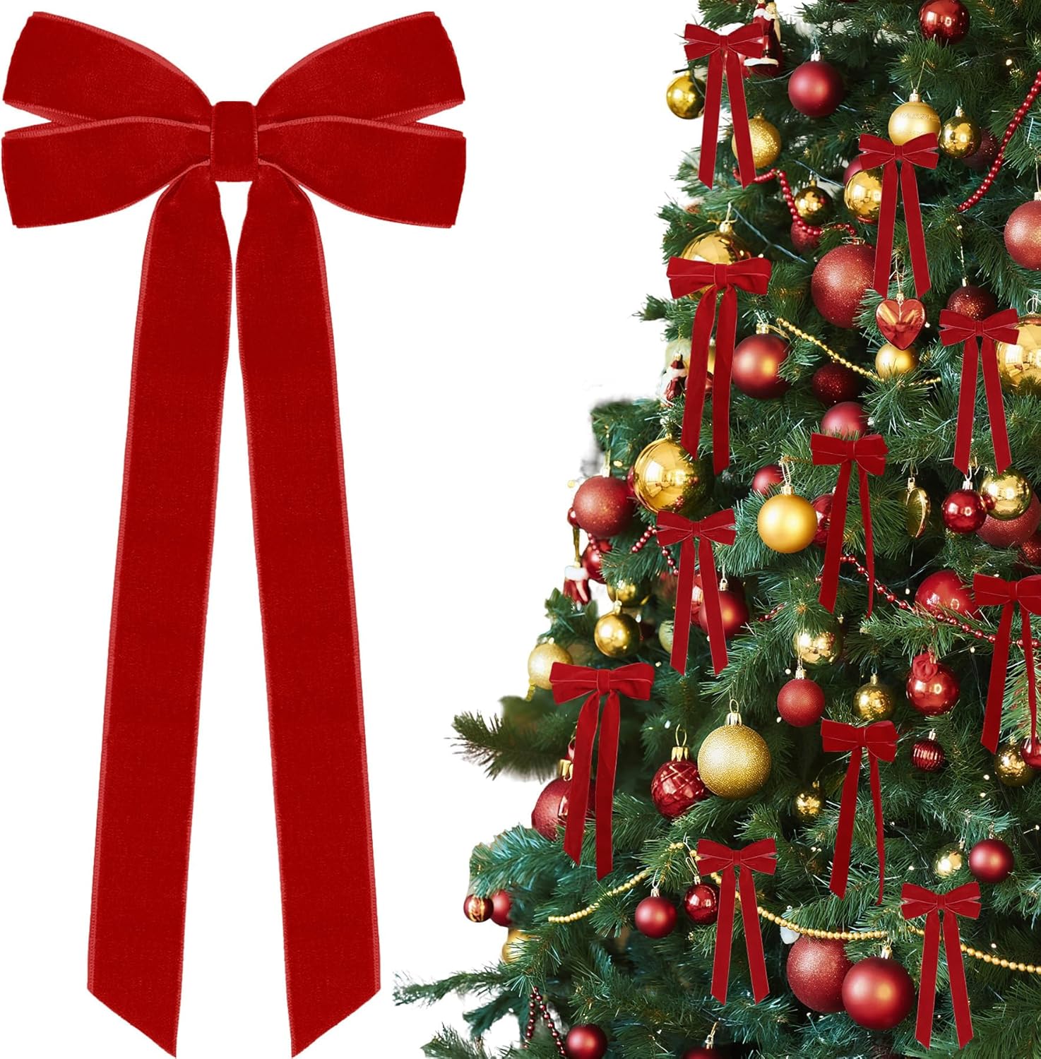 Regine Switzerland 12Pcs Red Velvet Ribbon Bows - 5in x 10in Christmas Tree Ornaments | Holiday Decor for Home & Party