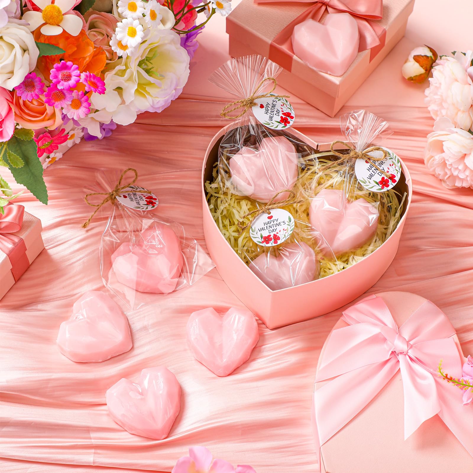 Loopeer 20 Set Pink Heart Shaped Soap Gift for Guests Valentine's Day Soap with Happy Valentine's Day Tags Transparent Bags Wedding Bridal Shower Baby Shower Return Gift for Guest Birthday Party Favor