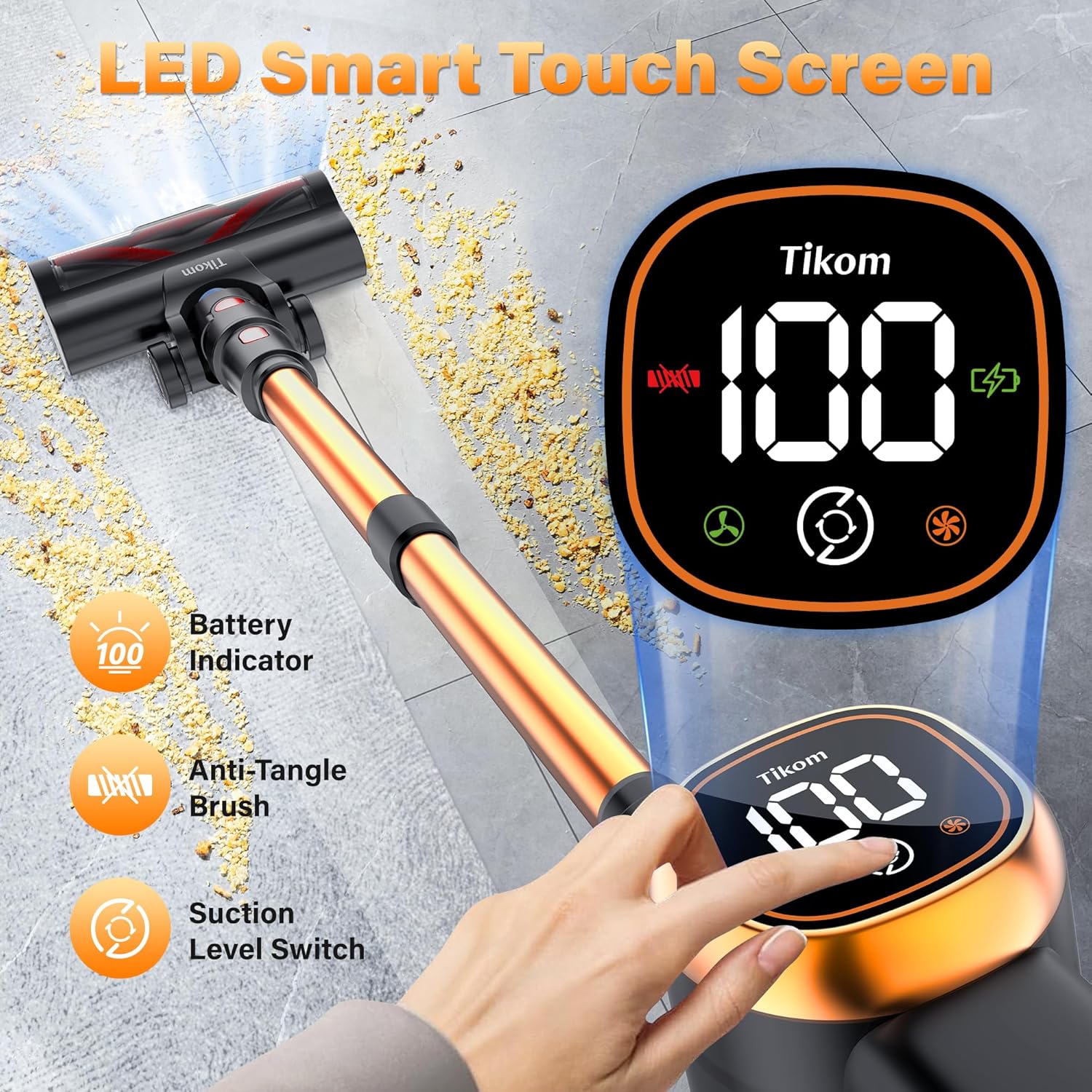Tikom V500 Cordless Vacuum Cleaner - 40000Pa Suction Power, LED Touch Screen, Lightweight Design for Pet Hair & Carpets