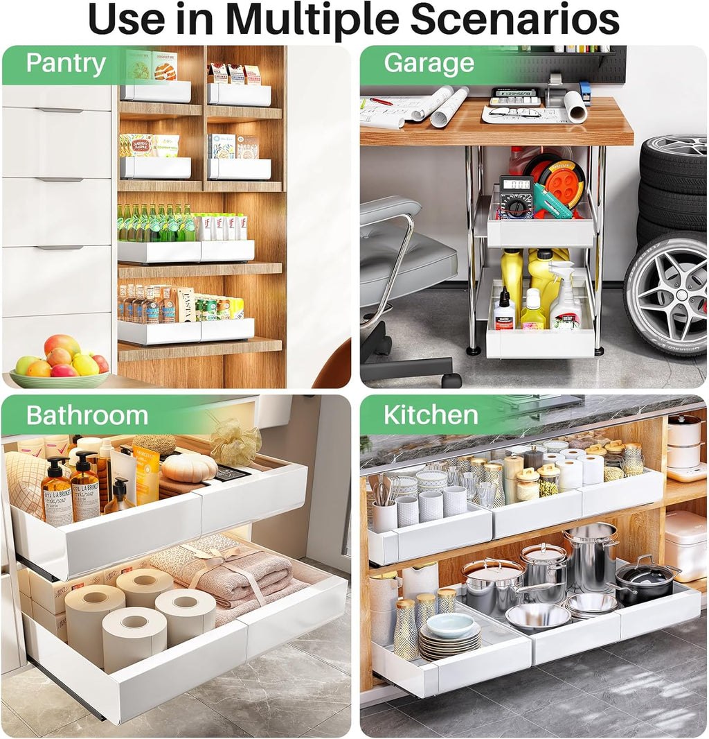 Skiennix Pull-Out Cabinet Organizer - Expandable Heavy-Duty Slide-Out Drawers (12"-20") for Kitchen & Bathroom Storage