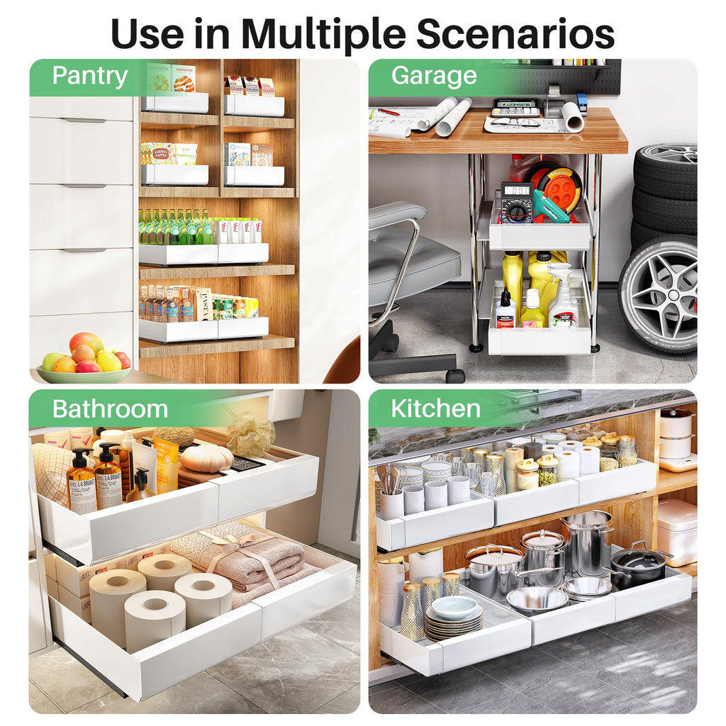 Pull out Cabinet Organizer, Wider Expandable(14"-24") Heavy Duty Slide out Drawers Fixed with Adhesive Nano Film for Pots, Roll out Shelf Storage for Kitchen Cabinet Organization(White-1pc)(3 Rails)
